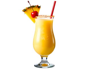 Piña colada in hurricane glass with pineapple slice and cherry white background.