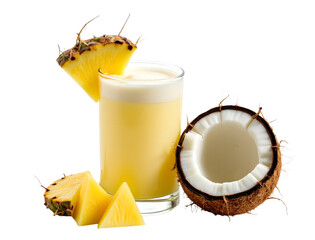 Piña colada with coconut halves and pineapple chunks on white.