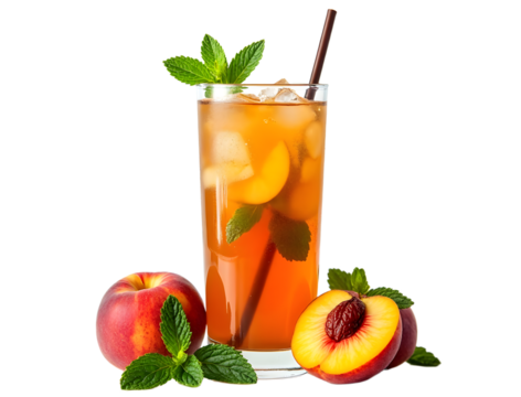 Peach iced tea with mint leaves and straw clean white background.