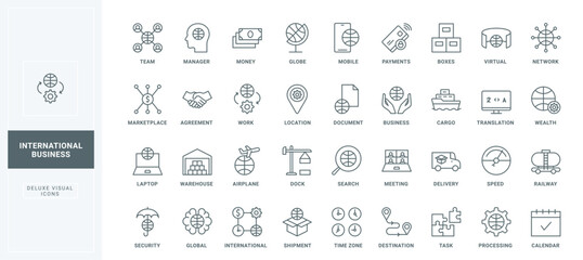 Search for services for payment, delivery and marketplace warehouse, meeting calendar and agreement thin black outline symbols vector illustration. International business line icons set.