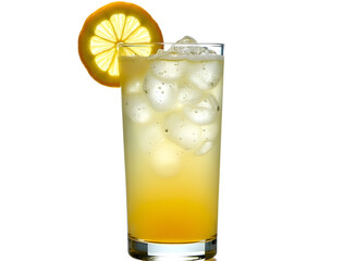 Tom Collins with lemon wedge and bubbles in tall glass white background.