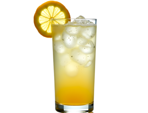 Tom Collins with lemon wedge and bubbles in tall glass white background.