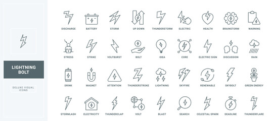 Electricity and boost power energy pictogram, blitz up and down arrows, attention to health and stress thin black outline symbols vector illustration. Lightning bolt shapes line icons set. © Iconic Prototype