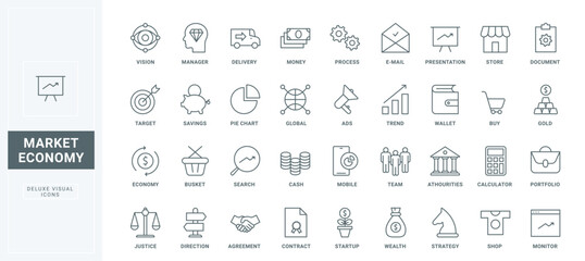 Outline finance presentation and marketing symbols, agreement with partners and portfolio, savings. Commercial business strategy, market economy thin black and red line icons set vector illustration