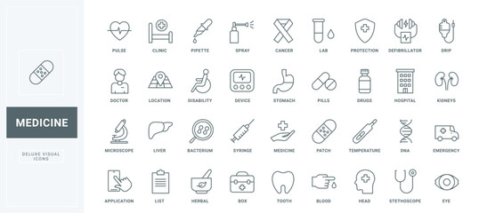 Outline symbols of emergency and pharmaceutical lab research, drugs in medical prescription list for pharmacy, doctor and stethoscope. Medicine thin black and red line icons set vector illustration