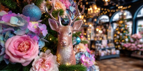 Deer head ornament decorated with flowers on a green Christmas tree, festive holiday decor detail.