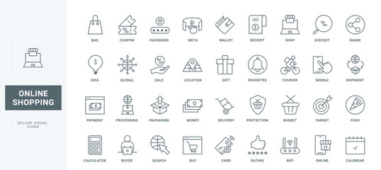 Discounts and coupons, basket to buy gifts in retail store, payment for order with credit card thin black and red outline symbols, vector illustration. Online shopping and delivery line icons set