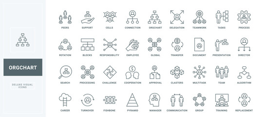 Leadership pyramid, communication between groups and teams thin black and red outline symbols, organogram vector illustration. Structure and hierarchy of corporate company, org chart line icons set