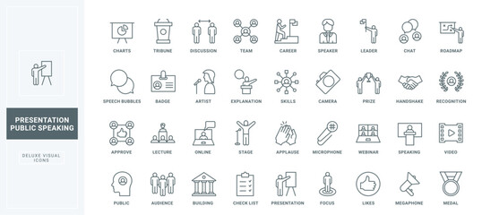 Chat speech bubbles, leader career thin black outline symbols vector illustration. Online conference and public speaking from stage, training in auditorium, lecture for audience line icons set.