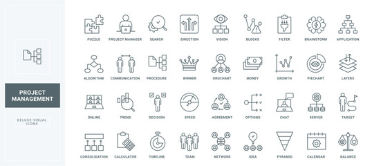 Success balance of decisions and ideas, team building thin black outline symbols vector illustration. Project management, corporate company organization for progress growth line icons set.