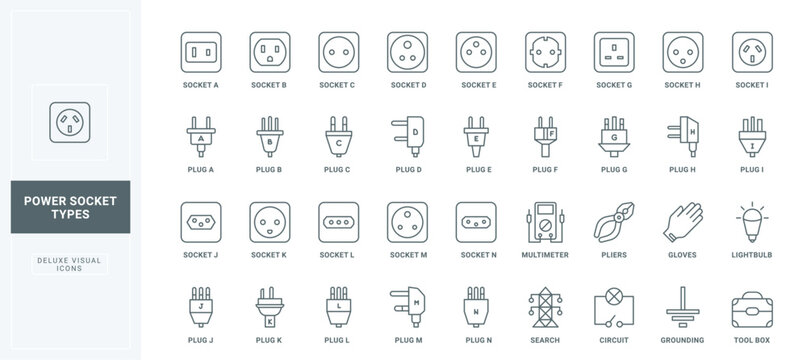 Various outputs and inputs with names, circuit thin black outline symbols vector illustration. Different types of electric sockets and plugs, electrician toolbox and equipment line icon set.