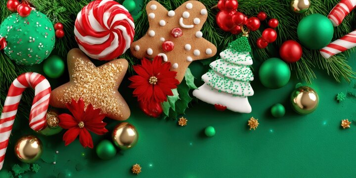 Close-up of festive Christmas cookies and candy canes on a green table surface, holiday treats display.