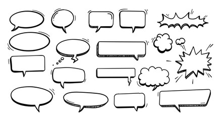 Set of hand-drawn speech bubbles in various shapes