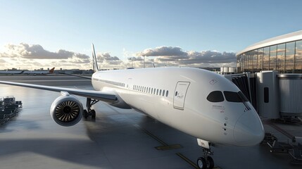 Pristine white passenger jet is parked near a terminal on a sunny day