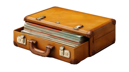 A stylized 3D briefcase slightly open with documents peeking out, elegant and professional rendering, isolated on transparent background 