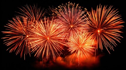 Bright orange fireworks explode vividly against a dark night sky, illuminating the scene with dynamic light.