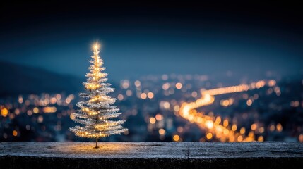Small decorated Christmas tree on a ledge with a blurred city skyline background during daylight.