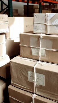 Stacked cardboard boxes with labels and string, in a warehouse or storage facility, brown paper packages tied up with string in bulk, interior view