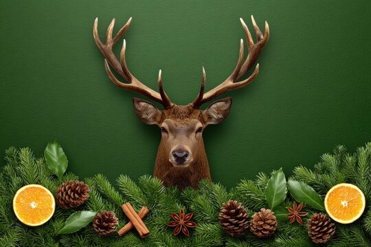 Deer head with antlers and pine cones on a solid green background, rustic nature decor concept. - Powered by Adobe
