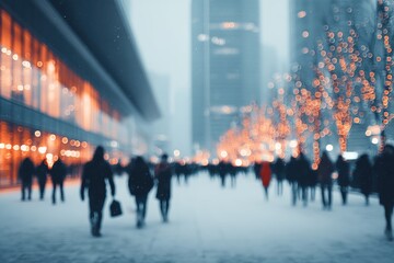 People walking through a snowy city street at night with illuminated buildings and streetlights.