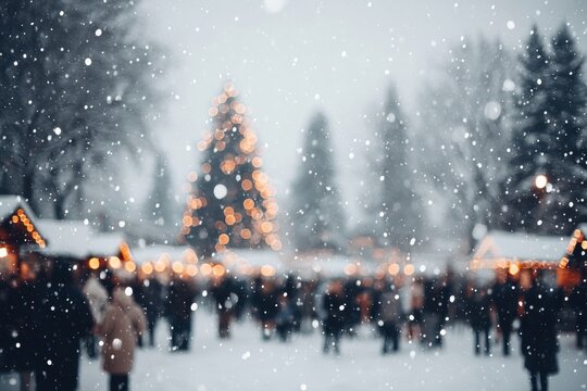 Snowy Christmas market with decorated tree, festive lights, wooden stalls, and evening winter ambiance.