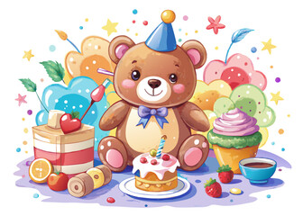 Obraz premium Teddy Bear Birthday SVG – Watercolor Bear with Balloon Clipart for Kids’ Crafts, Cards, and Party Decor