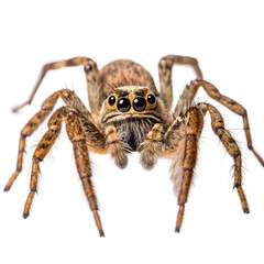 Fototapeta premium Close-up of a brown spider with large eyes and hairy legs. The spider is positioned against a black background, showcasing its detailed features.