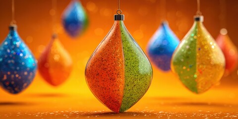 Colorful decorative ornaments hanging on strings against a vibrant yellow backdrop, perfect for festive designs.