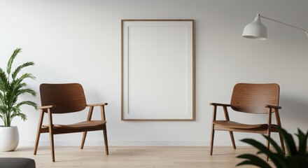 Minimalist Living Room with Vertical Wooden Frame Mockup and Mid-Century Modern Chairs