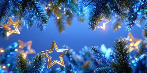Close-up of a Christmas tree decorated with hanging stars and glowing blue string lights at night.