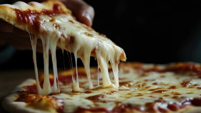 A close up shot of a slice of pizza being stretched by its melted cheese, showing the stringy texture and highlighting the delicious nature of this popular fast food.
