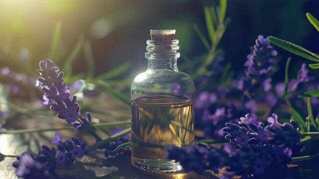 Essential oil bottle with lavender flowers in the background, symbolizing aromatherapy and natural remedies.