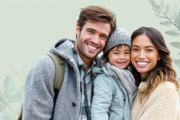 Obraz premium Happy family with backpacks posing against a vibrant green background, outdoor casual travel portrait.