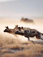 Obraz premium A pack of African wild dogs runs across the savanna at sunset, kicking up dust in a breathtaking display of speed and teamwork.