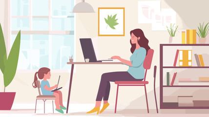 Fototapeta premium Caucasian mother working from home, having a work video call, daughter playing nearby. Stay home, quarantine remote work