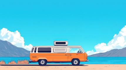 A retro orange van is parked by a serene lake with mountains and blue sky in the background.
