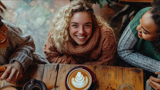 Friends gathered in a coffee shop, enjoying each other's company and sipping hot beverages.