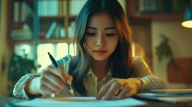 A young woman focused on writing in her notebook, suggesting a studious or creative environment.