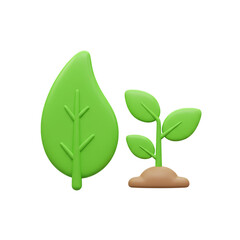 3D Rendered Green Leaf and Growing Plant Icons Against a White Background Illustration