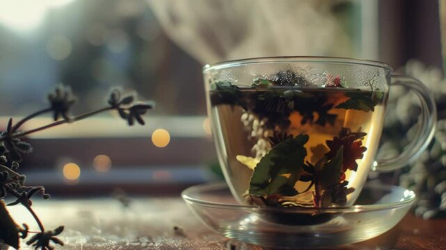 A cup of tea with leaves floating in it sits on a saucer. The tea is steaming and the leaves are floating in the water. The scene is peaceful and calming, with the warm glow of the tea