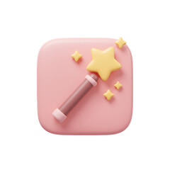 3D illustration of a magic wand and stars on a pink rounded square, a cute design