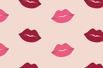 Seamless pattern with lips on a pink background. Vector illustration.