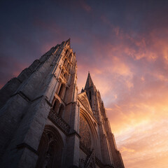 Majestic cathedral soars against a vibrant sunset. Architectural marvel, spiritual icon, travel destination. Inspiring, grand, and perfect for historical or faithbased themes.