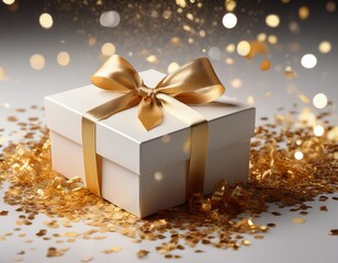 a white gift box with a gold ribbon sits among shimmering confetti perfect for celebrations and special occasions