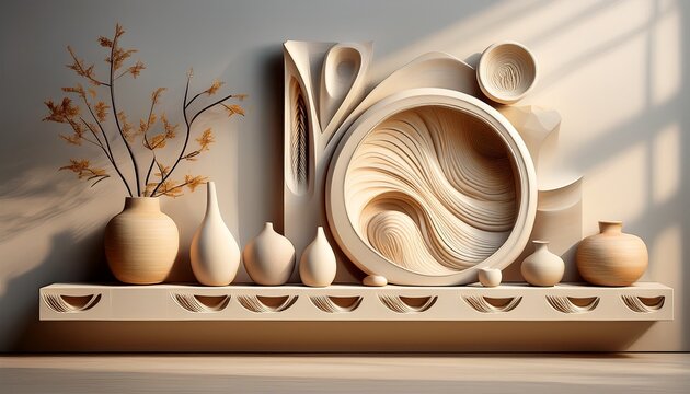 a white wall niche artfully filled with sculptural ceramic pieces each designed with abstract forms and soft natural colors