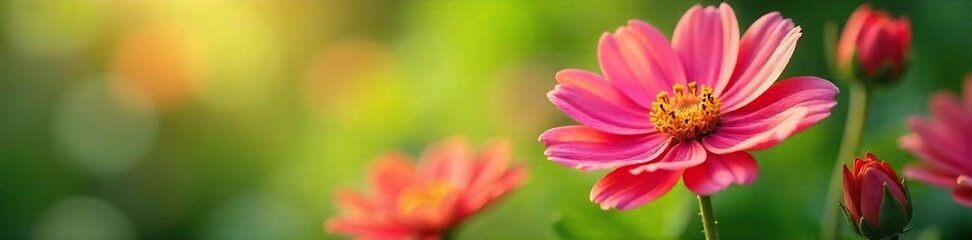 Fototapeta premium Close-up of vibrant flowers, conveying feelings of joy, serenity, and growth Delicate petals, soft light, lush greenery suggest peaceful emotions associated with nature's beauty , spring, botanical