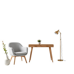 Fototapeta premium Modern Home Office Setup with Comfortable Chair, Wooden Desk, Floor Lamp and Decorative Plants in Minimalist Interior