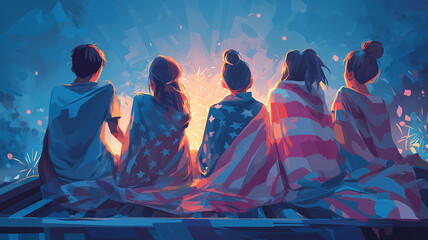 Moody pastel vector of friends in a truck bed swaddled in star spangled blankets watching fireworks burst overhead for a cinematic Fourth of July youth moment