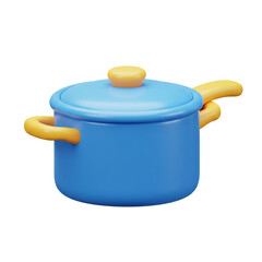 A 3D rendering of a blue cooking pot with yellow handles and lid isolated on white