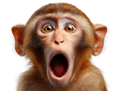 Shocked Monkey: Captivating studio shot of a monkey expressing shock with wide eyes and open mouth, capturing the essence of surprise and disbelief.